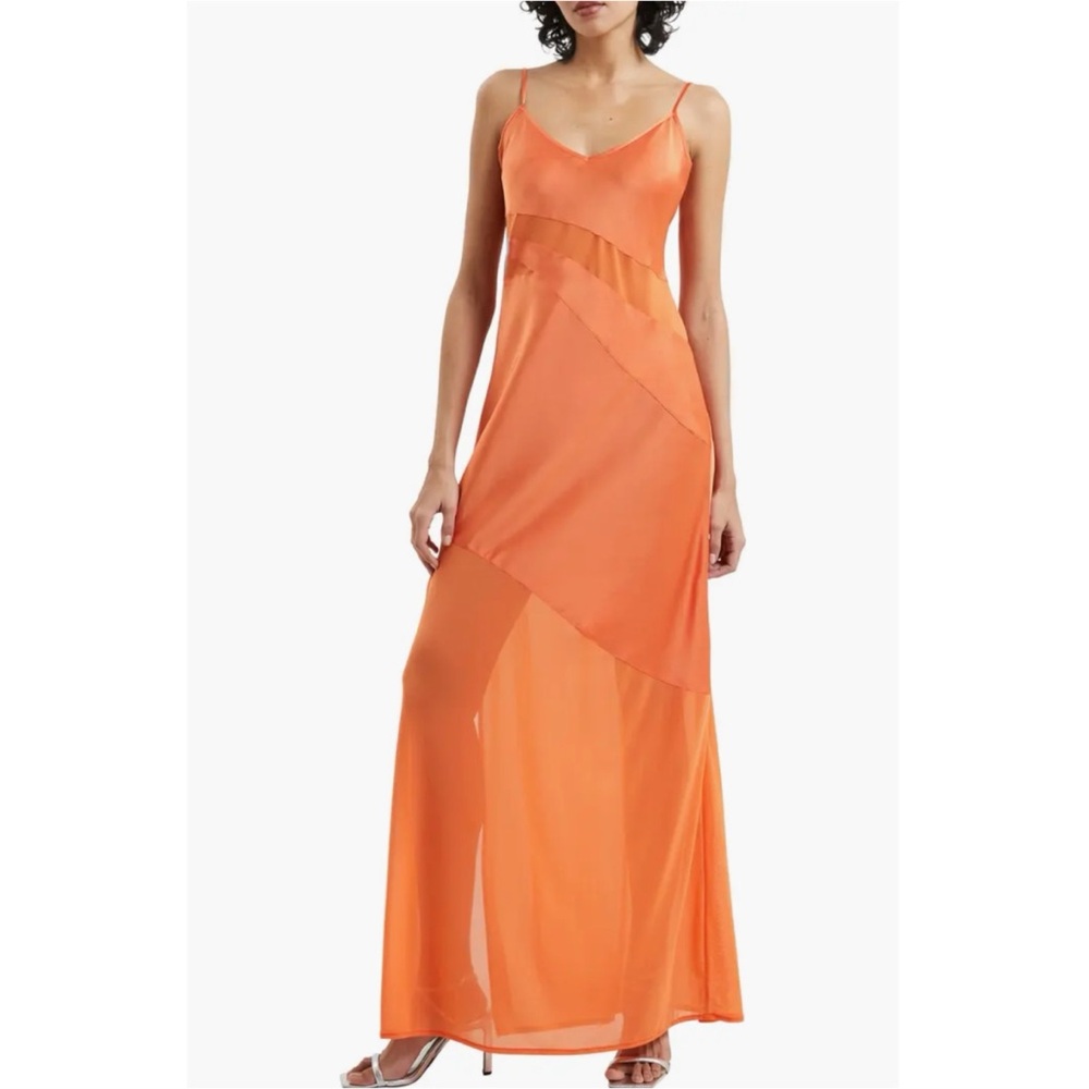 French Connection Mandarin Orange Inu Satin & Mesh Slipdress, 4